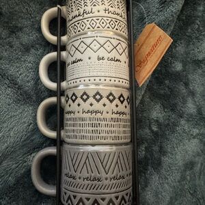 Signature Monochrome Geometric Espresso mug set of 4 with stand